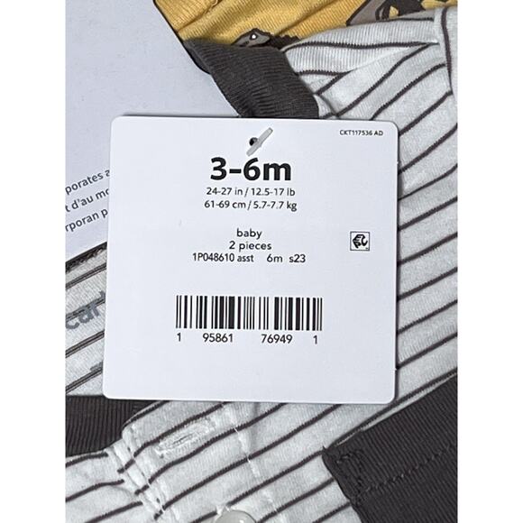 Carter’s Baby 2 Pieces 3-6M White W/Gray Stripes And Yellow W/Trucks - Picture 4 of 5